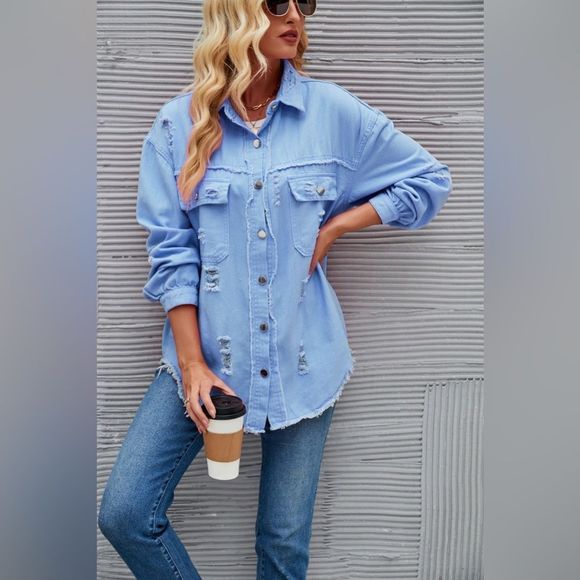 Misty Blue Distressed Raw Hem Denim Jacket - Picture 2 of 3